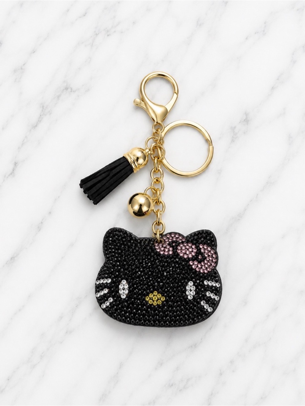 Black Rhinestone Hello Kitty Bag Charm/Keyring with Tassel-Gold Hardware
